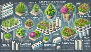 Ein detailliertes Breitbild zeigt verschiedene Anbaumedien in der Hydroponik, darunter Perlite, EasyPlugs, Kokosfasern, Steinwolle und Schaumstoff, jeweils mit Pflanzenbeispielen, die in diesen Medien wachsen.