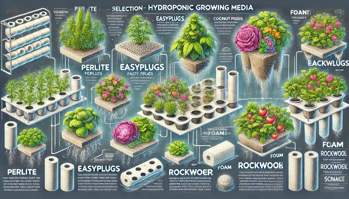 Ein detailliertes Breitbild zeigt verschiedene Anbaumedien in der Hydroponik, darunter Perlite, EasyPlugs, Kokosfasern, Steinwolle und Schaumstoff, jeweils mit Pflanzenbeispielen, die in diesen Medien wachsen.